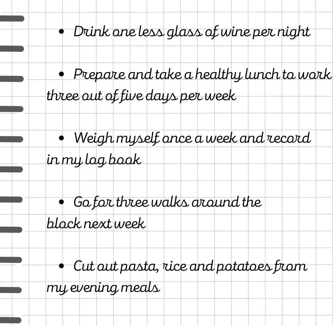 -Drink one less glass of wine per night. -Prepare and take a healthy lunch to work three out of five days per week. Weigh myself once a week and record in my log book. -Go for three walks around the block next week. -Cut out pasta, rice and potatoes from my evening meals.