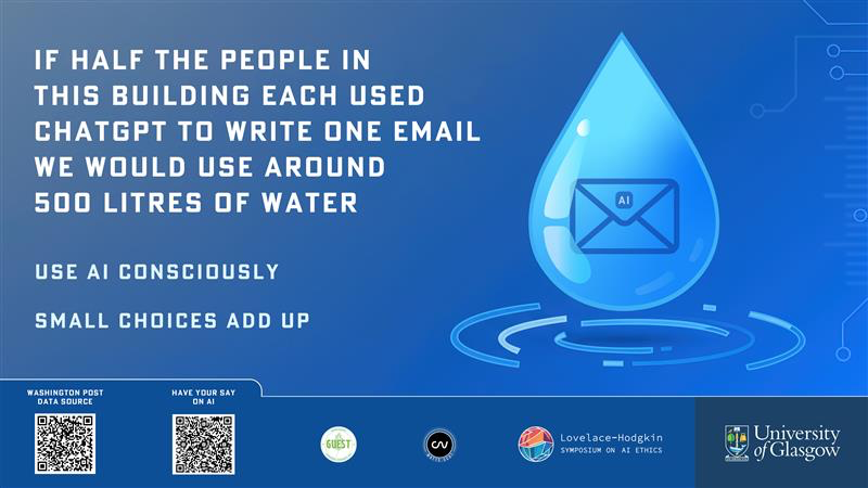 IF HALF THE PEOPLE IN THIS BUILDING EACH USED CHATGPT TO WRITE ONE EMAIL WE WOULD USE AROUND SOO LITRES OF WATER USE Al CONSCIOUSLY SMALL CHOICES ADD up post SOURCE Lovelace—Hodgkin 