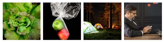 Montage of 4 problems regarding soggy lettuce, plastic bag use, tents in landfill and texting communication