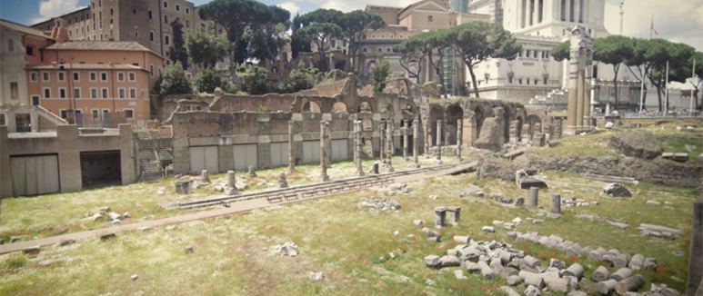 A photo of the Forum of Caesar. Large pieces of stone on the ground surrounded by grass