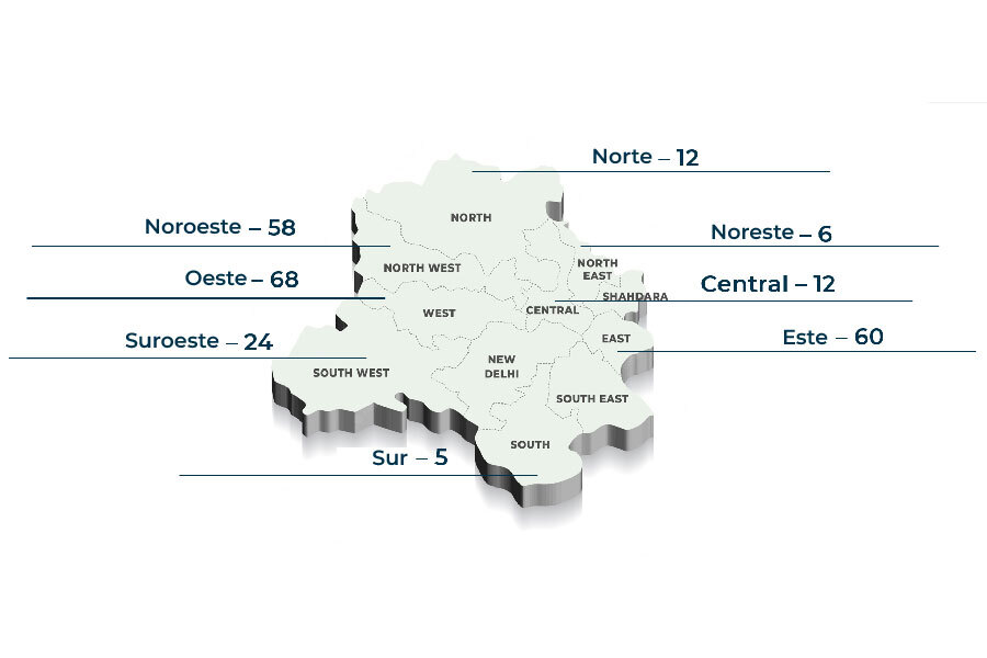 A map of New Delhi, with its principal regions and the number of battery swapping stations in each one.