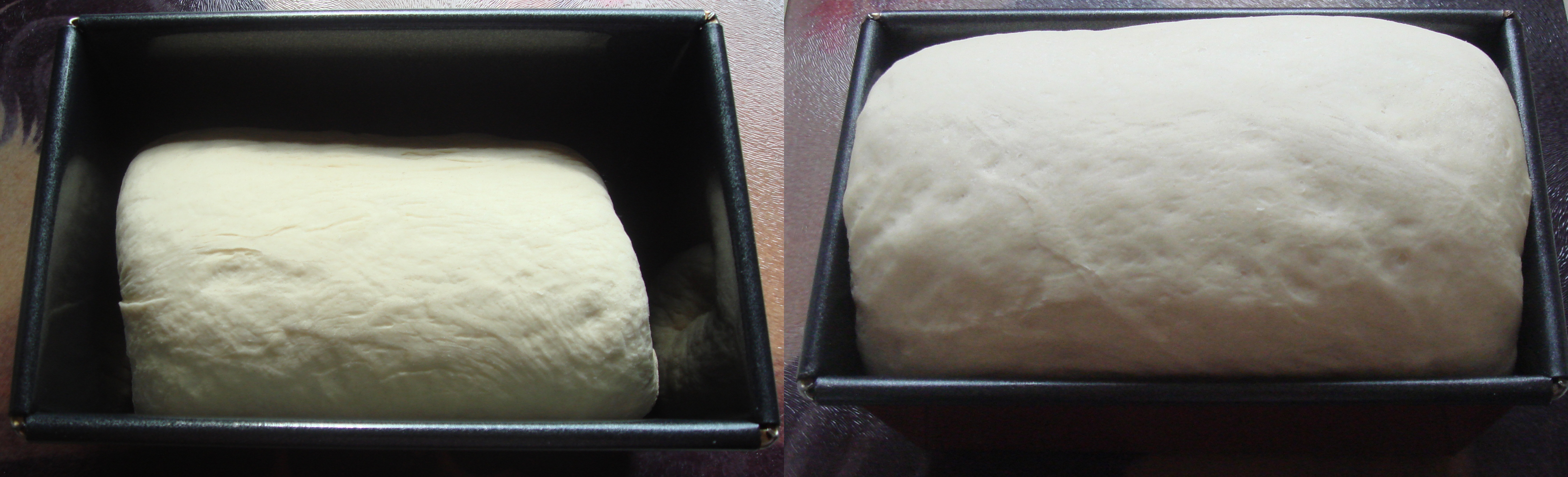 two images of bread, one risen and ready to be baked