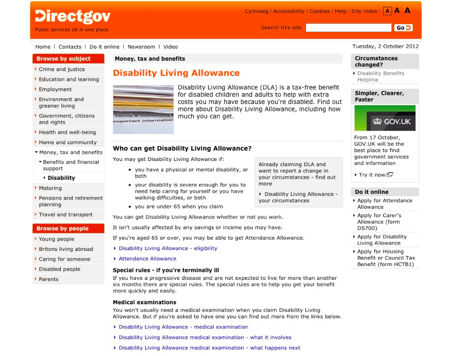 A screenshot of the Directgov website main page.