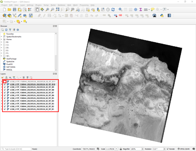 Landsat bands QGIS screenshot