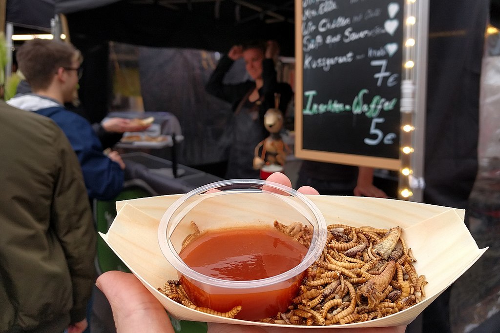 Food container with whole, roasted edible insects (mealworms, buffaloworms, grasshoppers, crickets) and dip at a street-food market in Germany