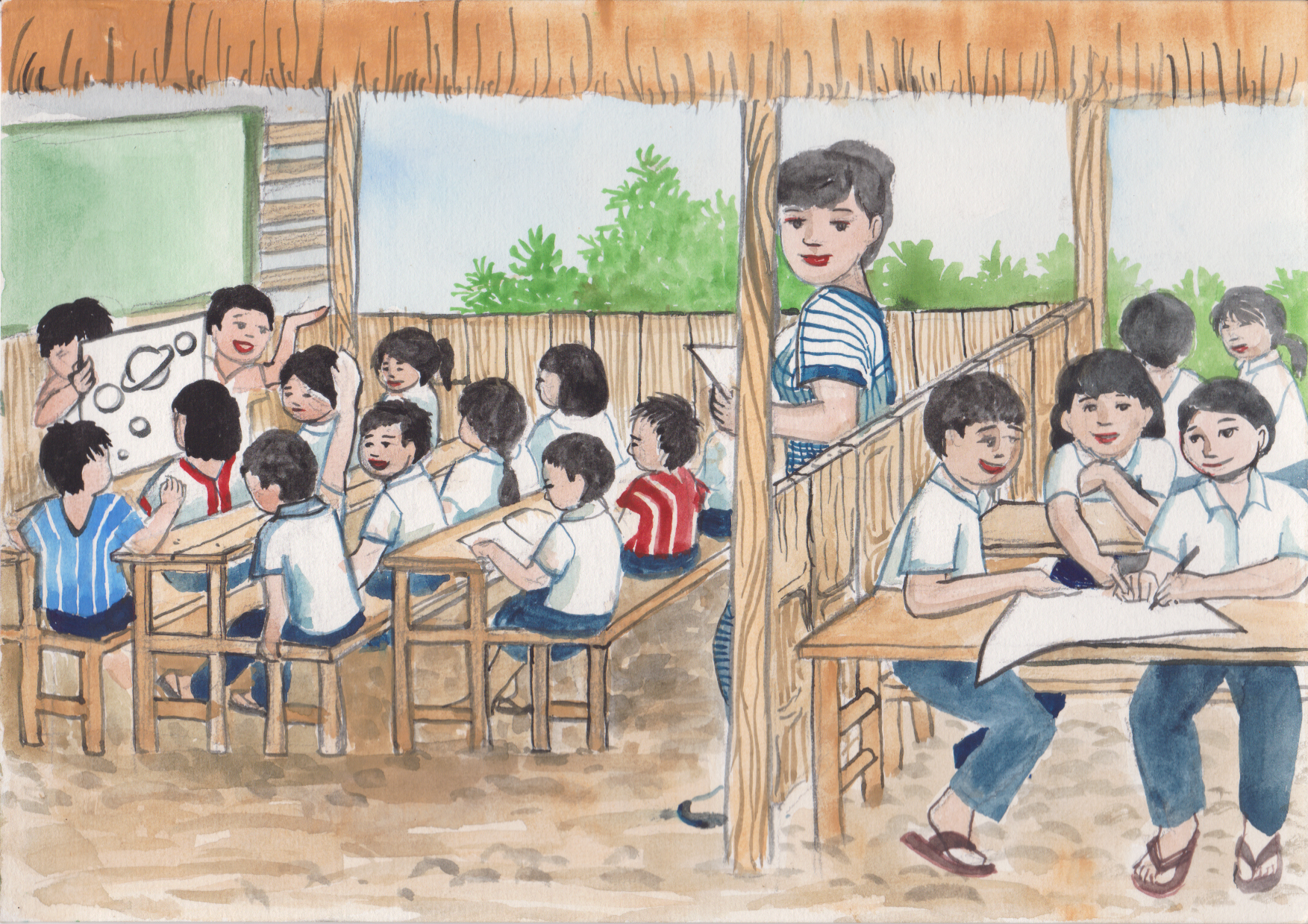 A teacher managing two grade. One class has younger group of students and another with students who are older.