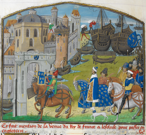 © British Library Board. From 'Recueil des croniques d'Engleterre' by Jean of Wavrin (c.1480). Made available under the Creative Commons CC0 1.0 Universal Public Domain Dedication The King of France with his army (arriving at Sluys). © British Library Board. From 'Recueil des croniques d'Engleterre' by Jean of Wavrin (c.1480). Made available under the Creative Commons CC0 1.0 Universal Public Domain Dedication