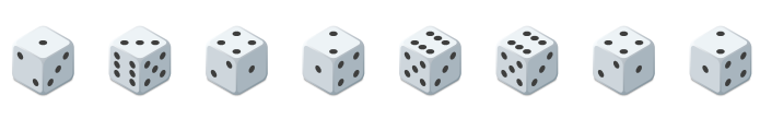 illustration of 8 dice with the following numbers face-up: 1,3,4,2,6,6,4,2 giving an average roll of 3.5