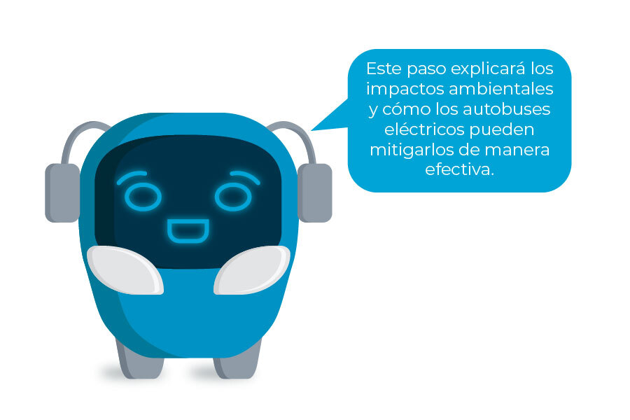 Mascota del curso diciendo "Este paso explicará los impactos ambientales y cómo los autobuses eléctricos pueden mitigarlos de manera efectiva!"