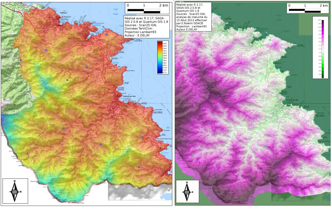 Two aerial maps of the Banyuls-Colioures AOC area in France. One shows temperature range with the coldest areas in blue and the hottest areas in red. The other shows the range of acidity in grapes grown in that area with most acidic areas in purple and the more neutral areas in white. Comparison of the two maps shows that the hottest areas on the temperature map correlate with the least acidic areas on the acidity map.