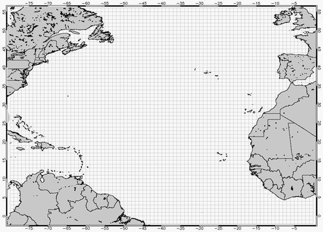 Figure 1: A rectangular longitude-latitude grid over the North Atlantic