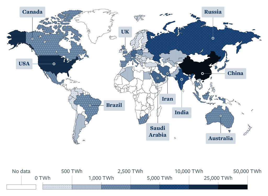 A map showing fossil fuel usage throughout the world