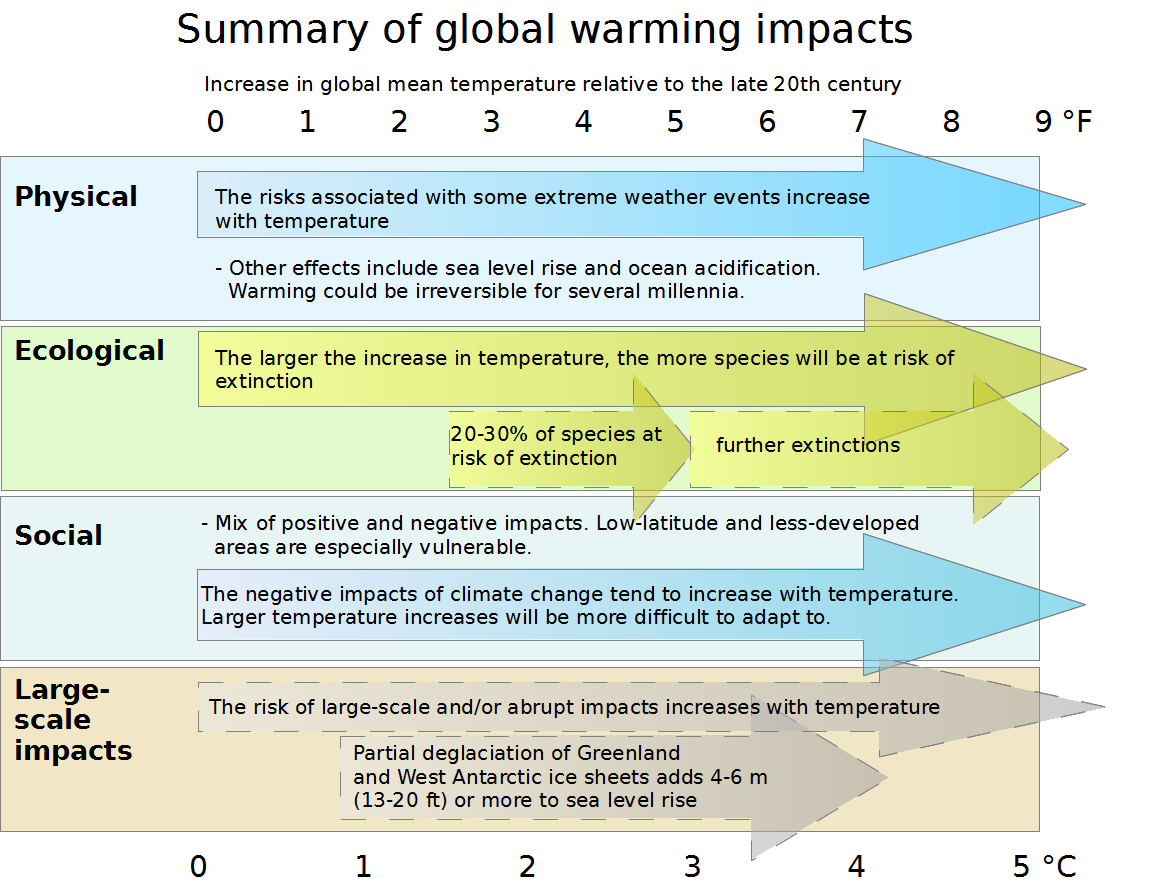 Impacts of Global Warming - IPCC IPCC WGIII AR4 Synthesis Report Summary - Impacts of global warming. This diagram summarizes the effects of global warming. Impacts of climate change are plotted against changes in global mean temperature. Physical, ecological, social, and "large-scale" impacts are plotted against global mean temperature increases (above the 1980-1999 level) from 0 to 5 degrees Celsius. Add 0.5 °C to measure impacts relative to pre-industrial temperatures. The arrows on the diagram show that impacts tend to become more pronounced for higher magnitudes of warming. Solid arrows indicate that the projected impact is known with a high level of certainty, while dashed arrows indicate less certainty. Physical impacts The risks associated with some extreme weather events increase with temperature (high confidence). Other effects include sea level rise and ocean acidification. Warming could be irreversible for several millennia. Ecological impacts The larger the increase in temperature, the more species will be at risk of extinction. 20-30% of species at risk of extinction (medium confidence) (1.5-2.5 °C / 2.7 – 4.5 °F) further extinctions (3 °C / 5.4 °F and above) Social impacts Mix of positive and negative impacts. Low-latitude, less-developed areas are especially vulnerable. The negative impacts of climate climate change tend to increase with temperature. Larger temperature increases will be more difficult to adapt to. Large-scale impacts The risk of large-scale and/or abrupt impacts increases with temperature. Partial deglaciation of Greenland and West Antarctic ice sheets adds 4-6 metres (13-20 feet) or more to sea level rise (medium confidence) (1 to 4 °C / 1.8-7.2 °F).