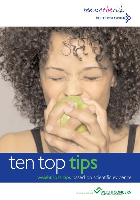 Picture of woman eating an apple. Reduce the Risk Cancer Research UK. ten top tips weight loss tips based on scientific evidence. in partnership with WeightConcern