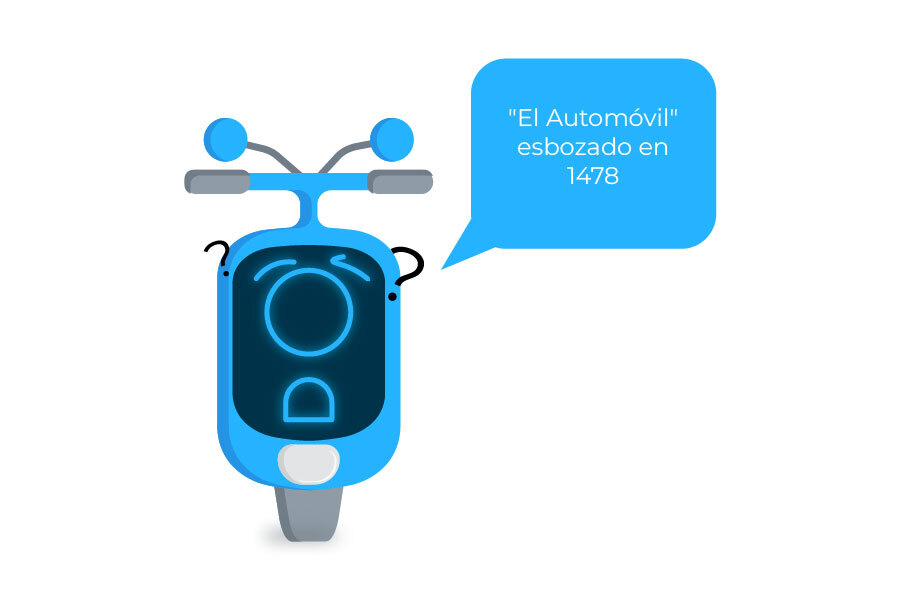 Mascota del curso con el diálogo: ""El Automóvil" esbozado en 1478."