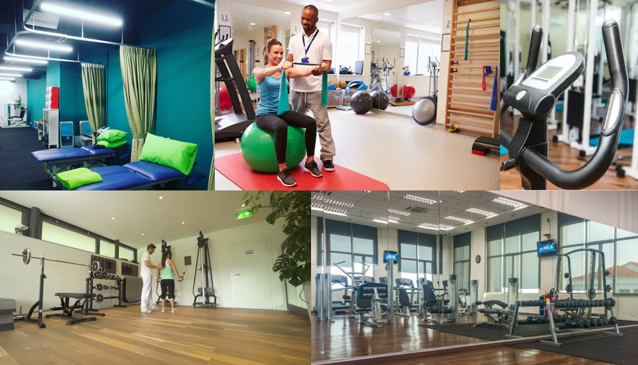 Pictures of different clinical settings and rehabilitation gyms