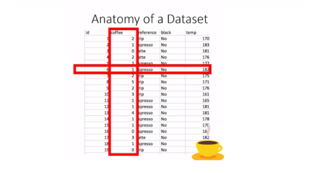Example of a tidy data sheet indicating the intersection of a column and a row