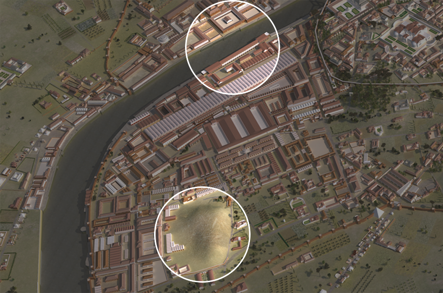 A 3D digital map highlighting 2 areas. The top circle is highlighting an area by the river and the bottom circle is highlighting an area that is on a hill