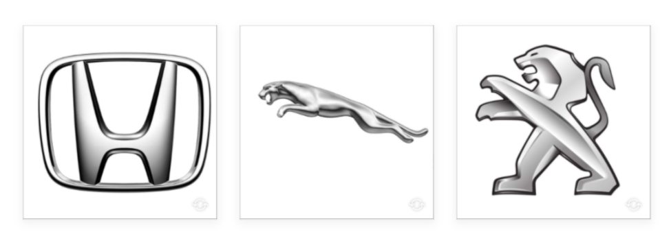 Three well-known logos of car manufacturers: Honda, Jaguar and Peugeot 