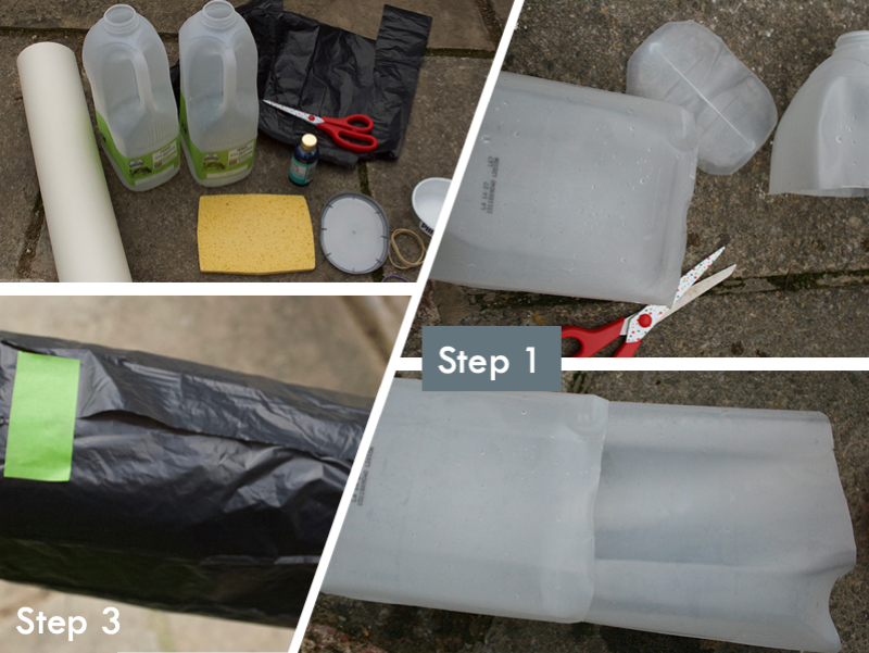 material needed: two empty and clean plastic milk bottles, a clean sponge, a small tray that fits into the milk bottles, scissors, black bin bag to cover the milk tray, food colouring, and paper, cut out milk bottles joined together to make a tunnel, bin bag taped to cover the milk bottles cut out milk bottles joined together