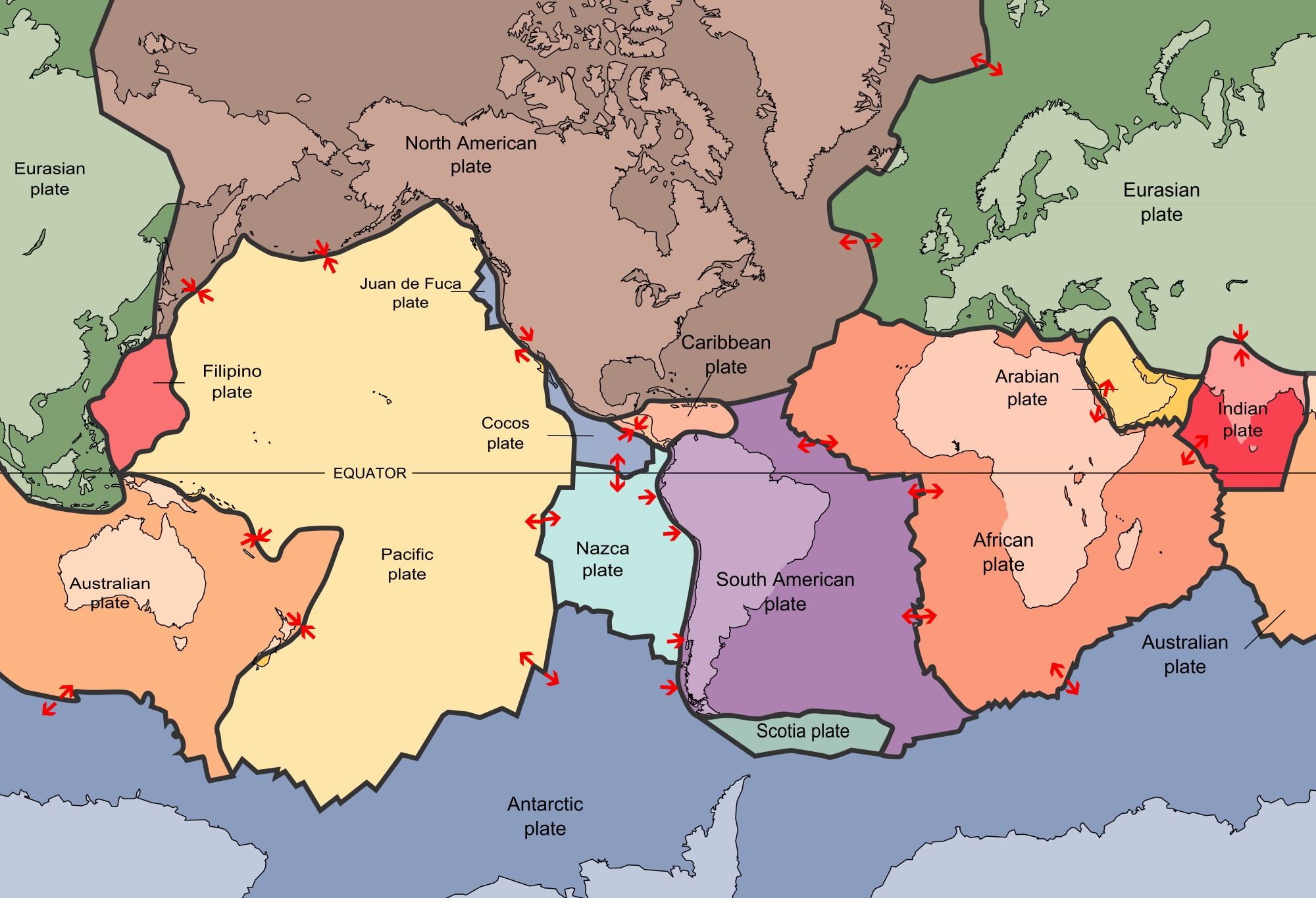 Optional image title World map showing the position of the seven major tectonic plates and what direction they move towards each other at plate boundaries. The Eurasian plate covers most of Europe and Asia. The Australian plate covers the continent of Australia, and portions of New Guinea, New Zealand, and the Indian Ocean. The North American Plate covers most of North America, Greenland, Cuba, the Bahamas, extreme northeastern Asia, and parts of Iceland and the Azores. The Pacific Plate is an oceanic tectonic plate that lies beneath the Pacific Ocean. The South American Plate covers the continent of South America as well as a region of the Atlantic Ocean seabed. The African Plate straddles and includes much of the continent of Africa. The Antarctic Plate covers the continent of Antarctica. The Indian plate covers most of the Indian subcontinent and parts of South China and western Indonesia