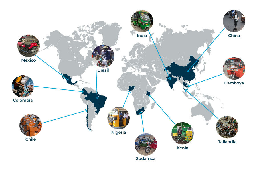 Mapamundi con diferentes ciudades y países en los que se destacan los casos prácticos tratados en este curso