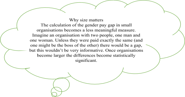 A cloud shape explaining why size matters. The calculation of the gender pay gap in small organisations becomes a less meaningful measure. Imagine an organisation with two people, one man and one woman. Unless they were both paid exactly the same (and one might be the boss of the other) there would be a gap, but this wouldn't be very informative. Once organisations become larger the differences become statistically significant.