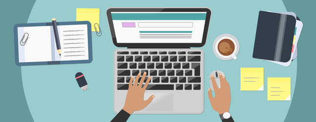 An illustration of hands on a laptop surrounded by notepads and post-it notes.