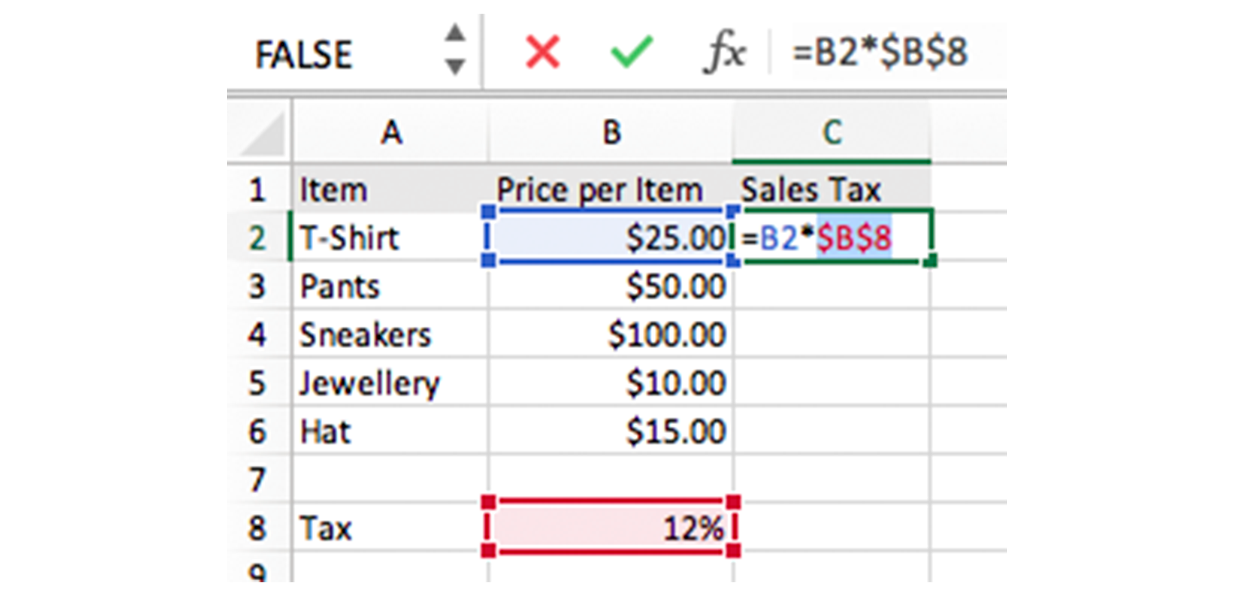 Screenshot of a formula with an absolute reference Microsoft Excel