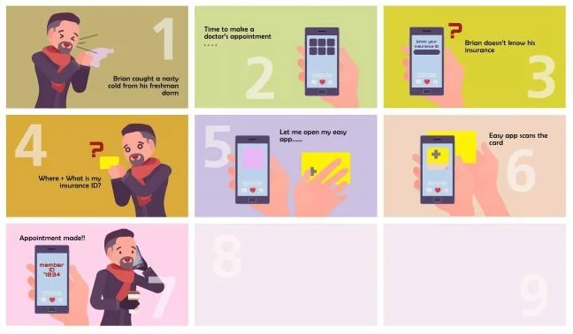 Storyboard 1 image showing 7 panels for mobile app design