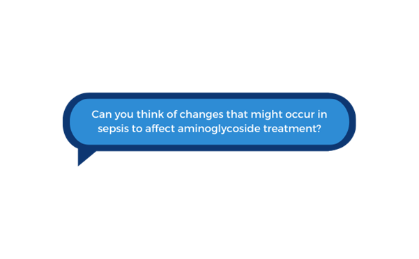 Question bubble 'can you think of changes that might occur in sepsis to affect aminoglycosides treatment?'