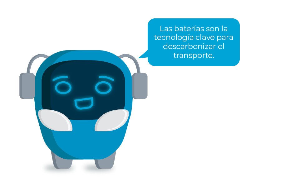 Mascota del curso con el diálogo "¡Las baterías son la tecnología clave para descarbonizar el transporte!"