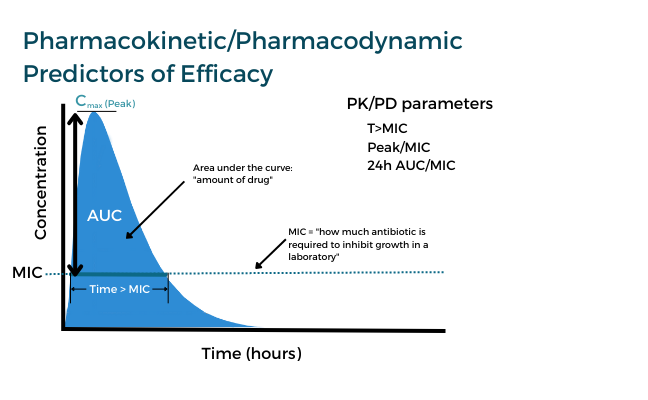 Graph showing concentration of antimicrobial in plasma over time and associated pharmacokinetic/pharmacodynamic predictors of efficacy.