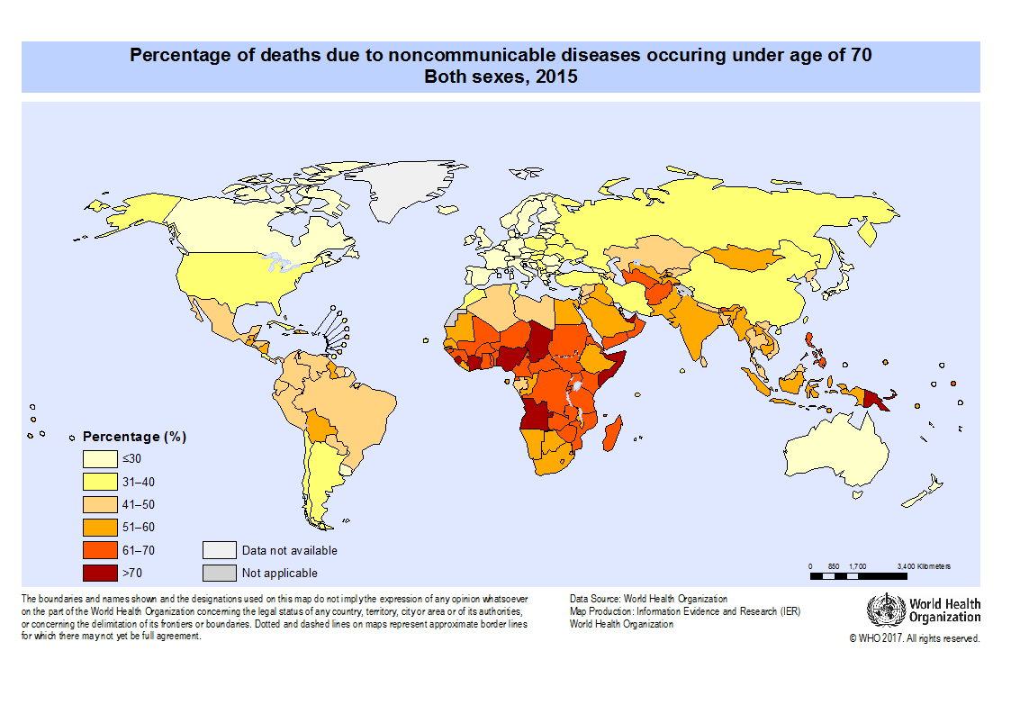 Percentage of deaths due to non-communicable diseases occurring under the age of 70 for both sexes. © United Nations