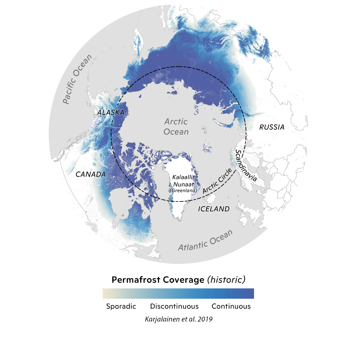 Blue and green map of the world showing historical coverage of permafrost.