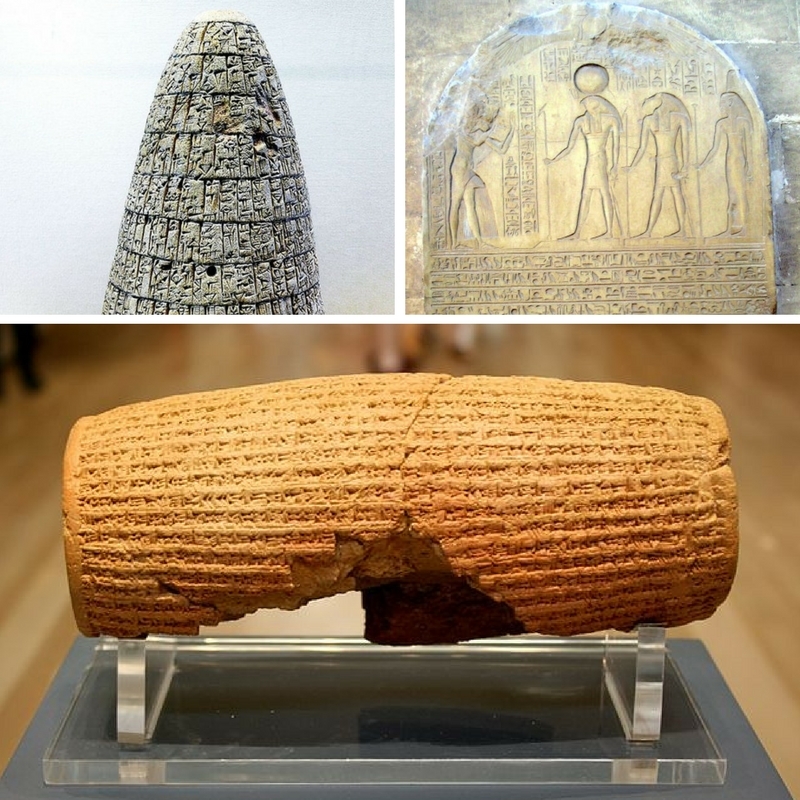 Pierres gravées : code d'Urukagina, stèle d'Horemheb, cylindre de Cyrus