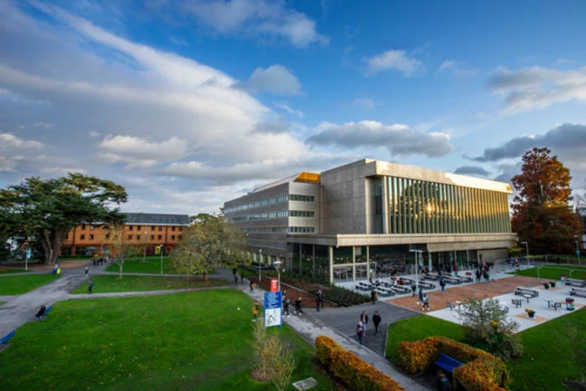 Aerial view of library building on campus