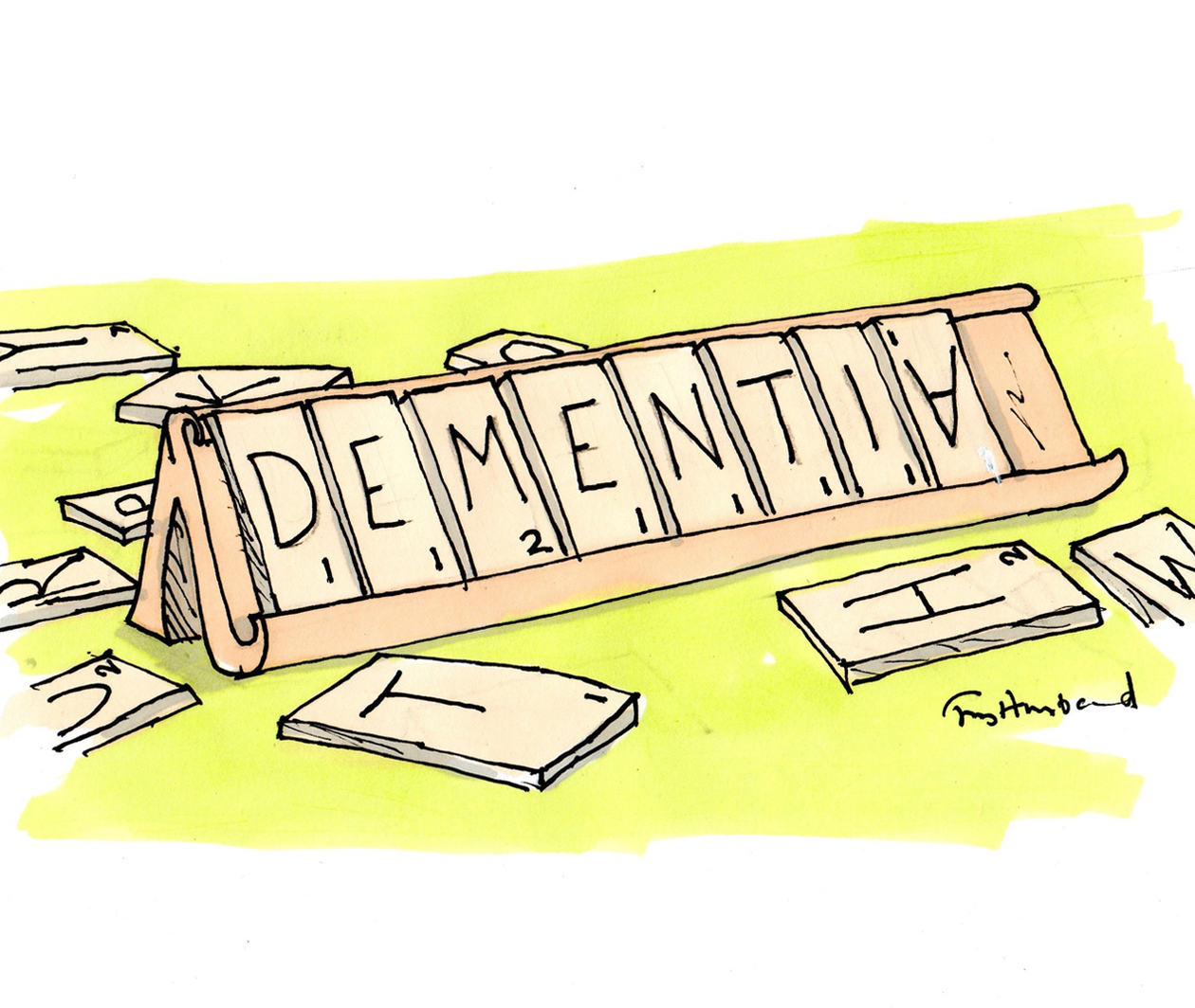 Illustration showing scrabble letters spelling the word DEMENTIA