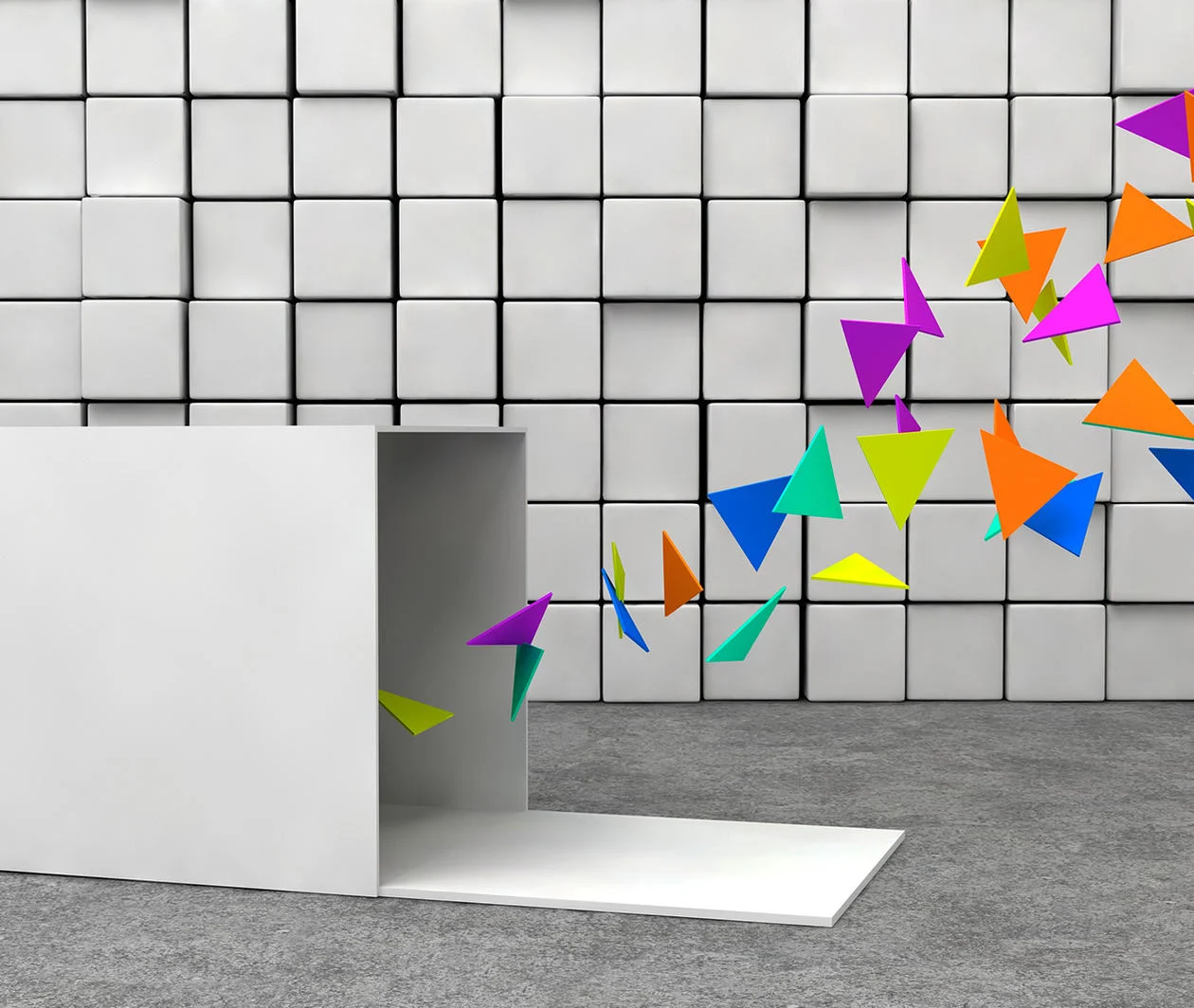 Coloured triangles escaping from a white box