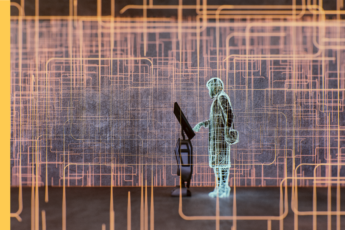 Abstract image of a person at a digital point surrounded by virtual connection lines