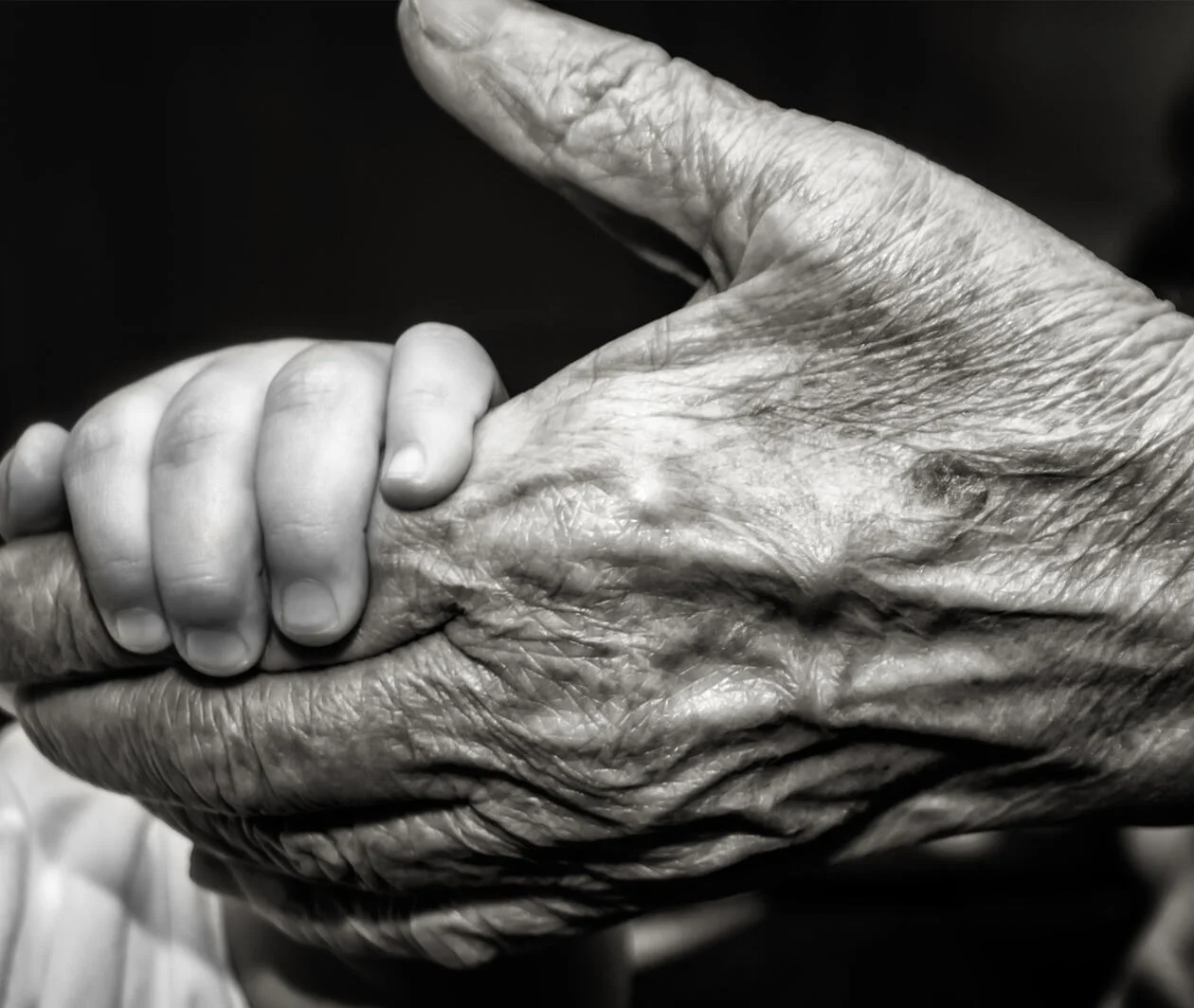 An old hand holding a baby's hand