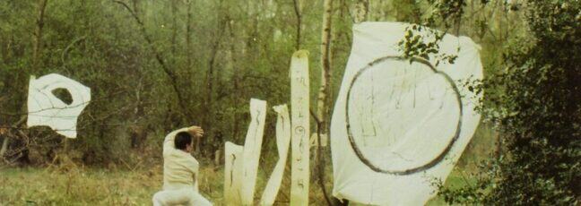An artist is performing martial arts in the forest. He is surrounded by white paper of different heights and sizes. The largest piece to his right paints a large circle in black ink.