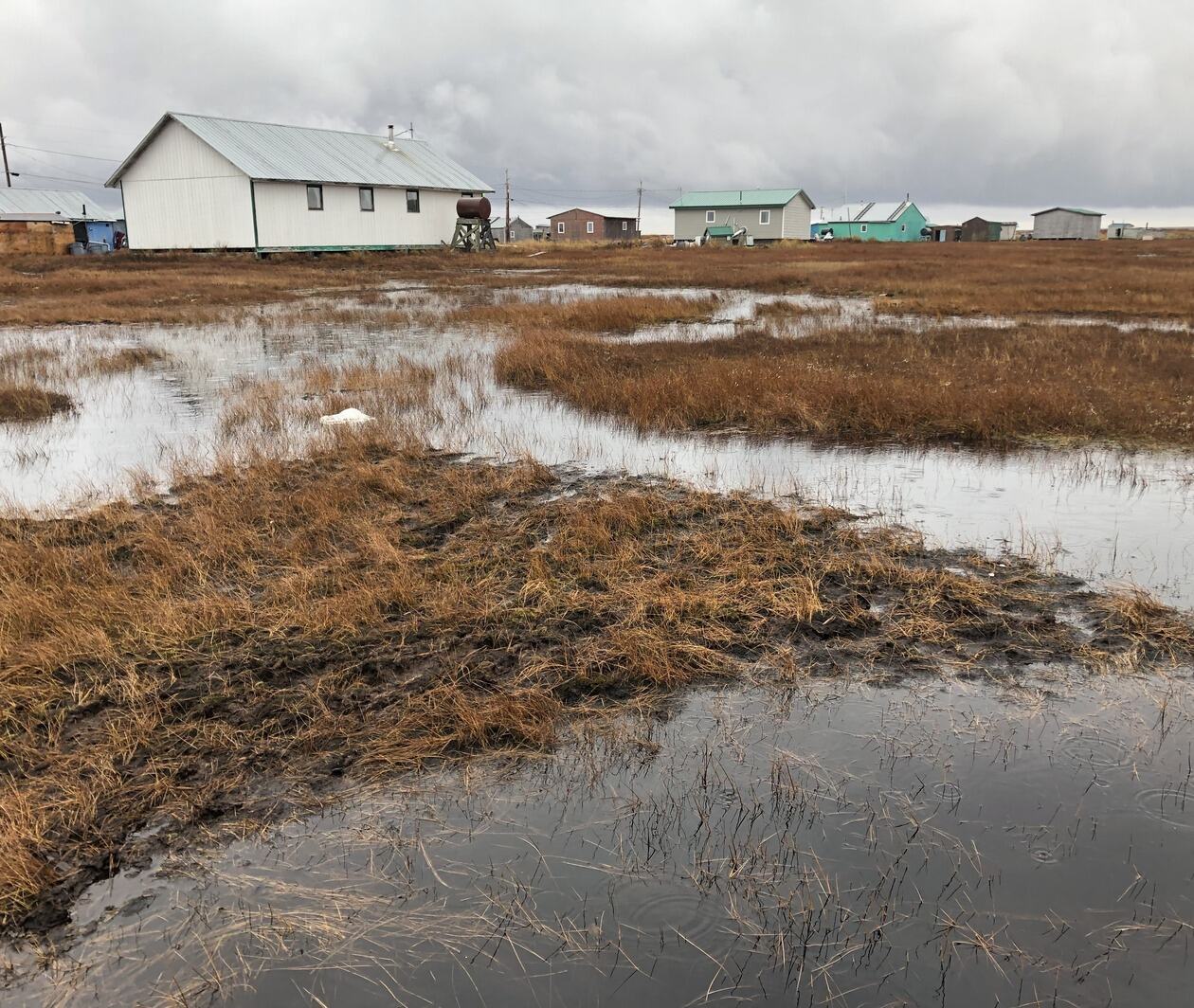 Waterlogged tundra in the foreground, community buildings in the background. The water sits in large pools on the flat land.