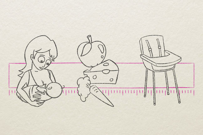 Illustration of baby moving breastfeeding to first solid foods and then taking a place at the family table in a high chair.