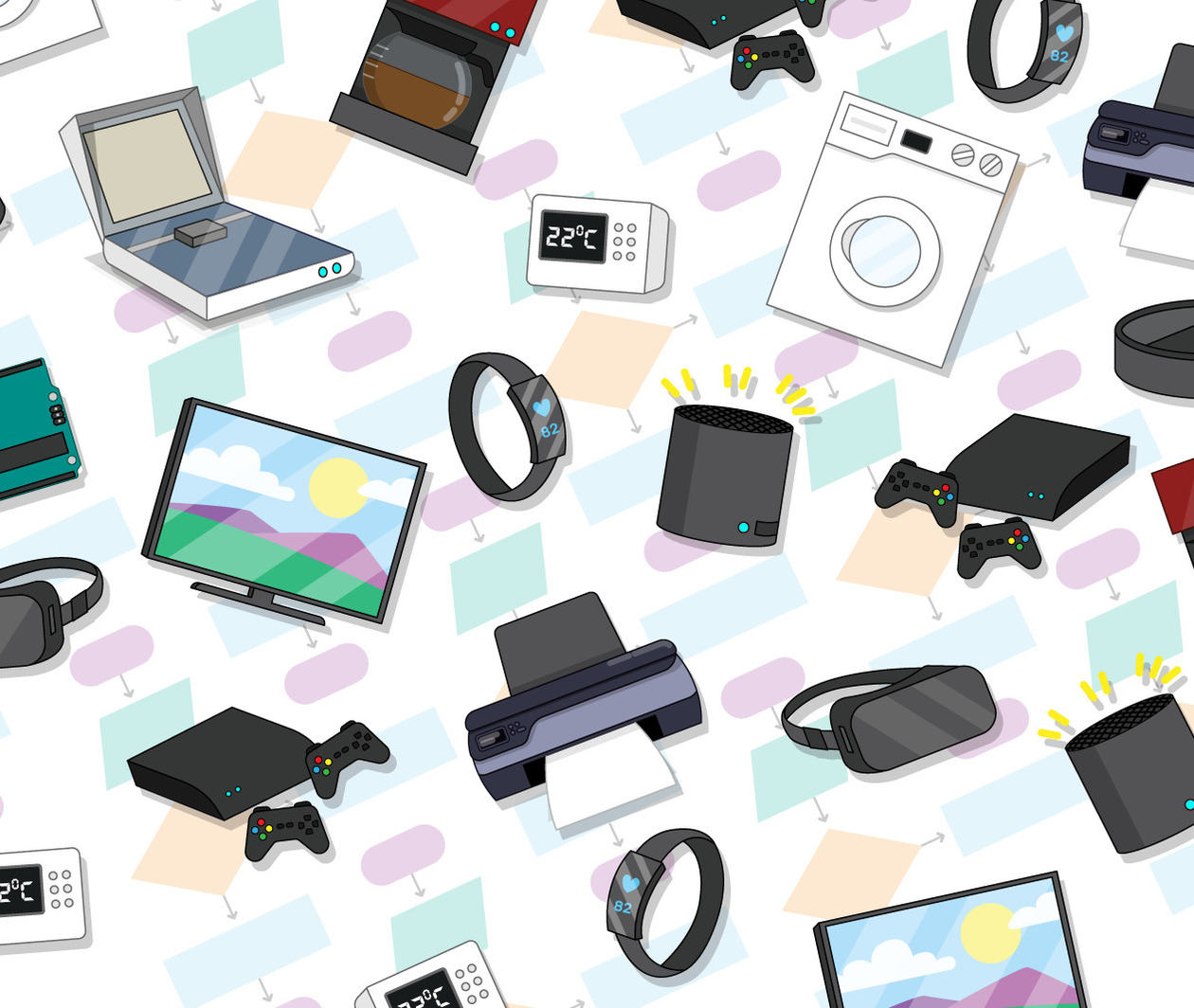 A set of embedded systems such as a smartwatch, a smartspeaker, and a washing machine, overlaid on a pattern of flow charts.