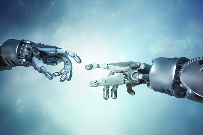 Two robot hands pointing and touching fingers
