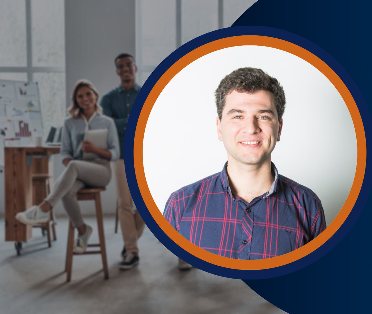 A smiling man in a checkered shirt is featured in a circular frame overlaid on an office scene with two colleagues and a whiteboard. The image highlights teamwork and a professional setting. Keywords: team, office, headshot, instructor, business.