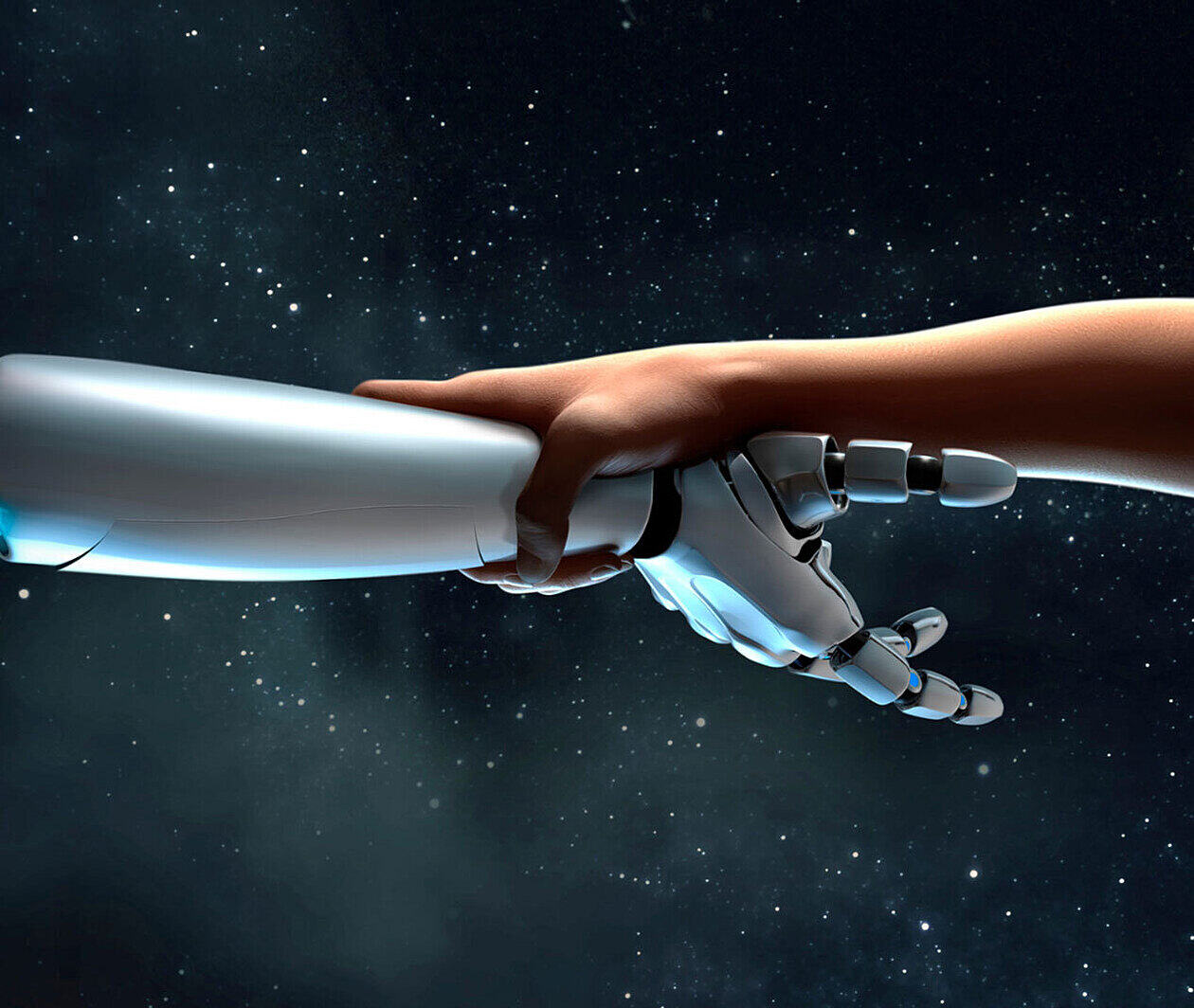 Robot and human arms, touching