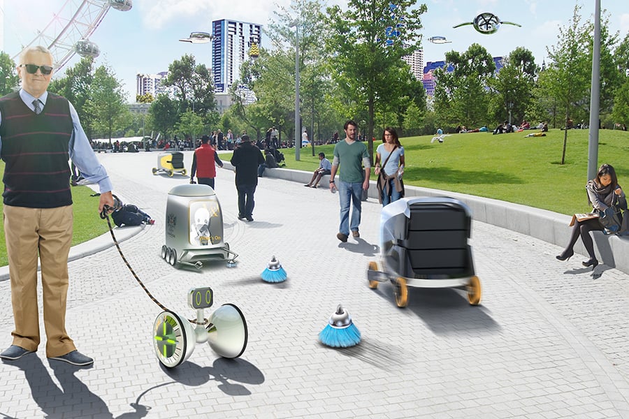 Decorative image, image of people and driverless vehicles, such as small delivery robots and airborne vehicles, set near the London eye. Driverless Futures exhibition, 2017 held at the London Transport Museum