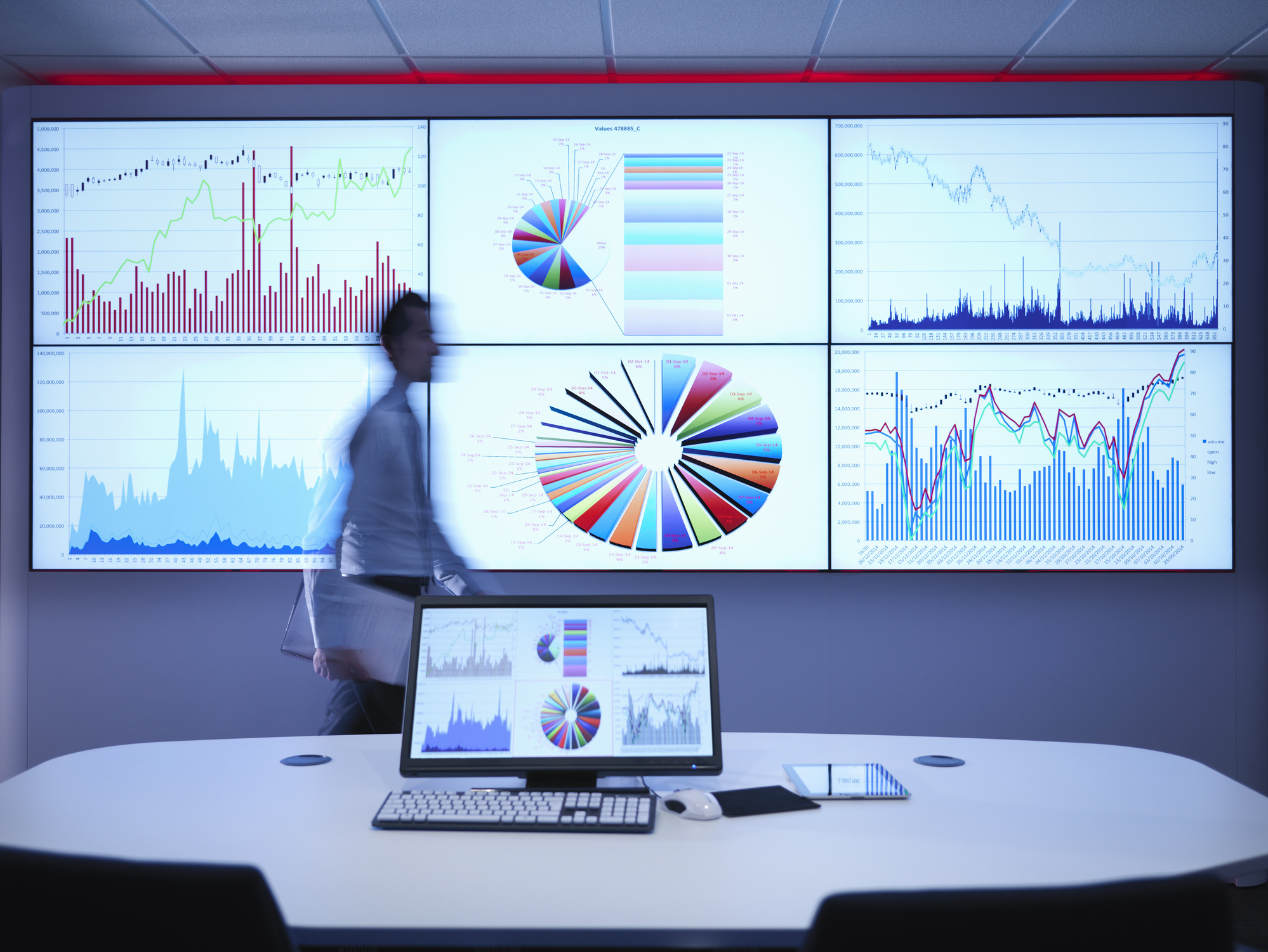 Data depicted on multiple screens in high tech room